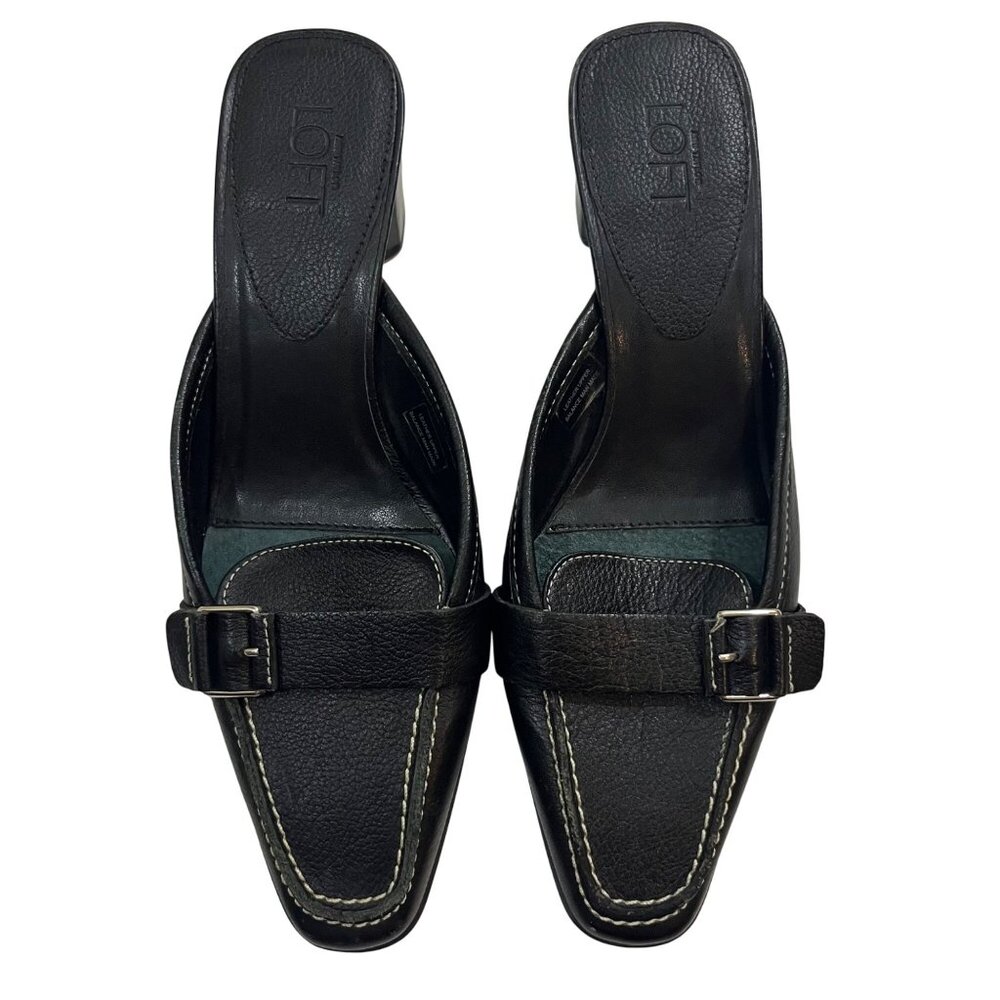 Loft heels women's 6 black leather slip on shoes block heel 2.25"